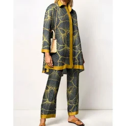 New Women's 2 Pieces Elegant Vintage Fashion Shirt Blouse Pants Sets Pants Trousers Long Sleeve Shirt Collar Graphic Print Casual Daily Dark Navy Green Clover Fall & Winter Regular Fit Women Two Piece Sets