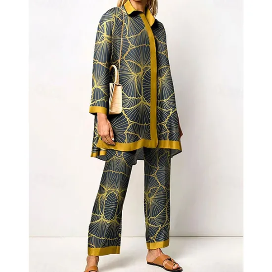 New Women's 2 Pieces Elegant Vintage Fashion Shirt Blouse Pants Sets Pants Trousers Long Sleeve Shirt Collar Graphic Print Casual Daily Dark Navy Green Clover Fall & Winter Regular Fit Women Two Piece Sets