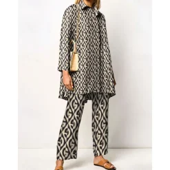 New Women's 2 Pieces Elegant Vintage Fashion Shirt Blouse Pants Sets Pants Trousers Long Sleeve Shirt Collar Graphic Print Casual Daily Dark Navy Green Clover Fall & Winter Regular Fit Women Two Piece Sets