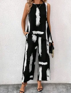 Best Women's 2 Pieces Fashion Daily Tank Top Pants Sets Sleeveless Round Neck Graphic Geometric Print Casual Daily Black White Summer Regular Fit Women Two Piece Sets