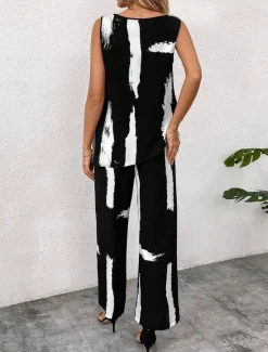 Best Women's 2 Pieces Fashion Daily Tank Top Pants Sets Sleeveless Round Neck Graphic Geometric Print Casual Daily Black White Summer Regular Fit Women Two Piece Sets