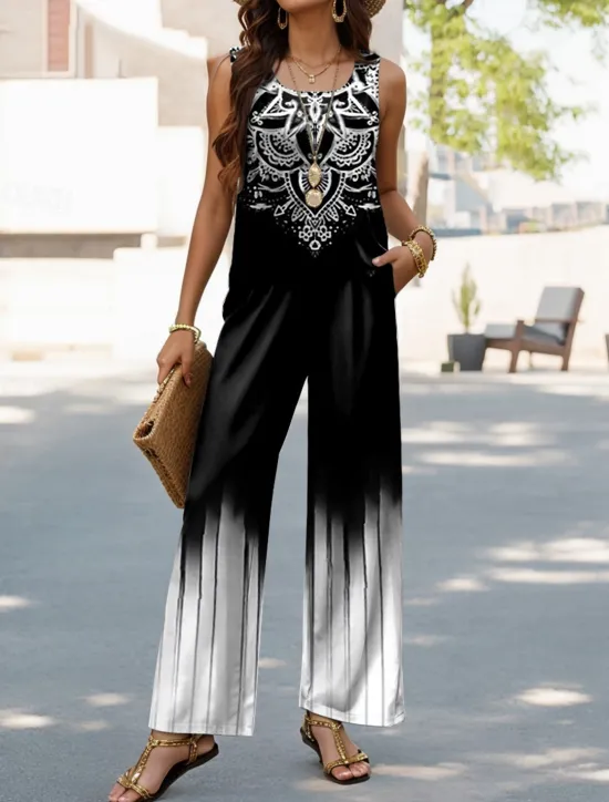 Sale Women's 2 Pieces Fashion Daily Pants Sets Bolero Top Sleeveless U Neck Graphic Geometric Casual Daily Weekend Black Gray Summer Regular Fit Women Two Piece Sets