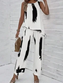 Outlet Women's 2 Pieces Fashion Daily Tank Top Pants Sets Wide Leg Pants Trousers Sleeveless Round Neck Graphic Print Casual Daily Summer Regular Fit Women Two Piece Sets
