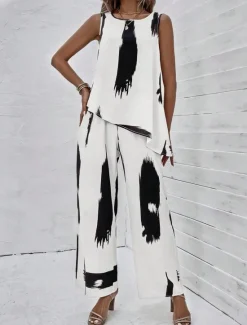 Outlet Women's 2 Pieces Fashion Daily Tank Top Pants Sets Wide Leg Pants Trousers Sleeveless Round Neck Graphic Print Casual Daily Summer Regular Fit Women Two Piece Sets