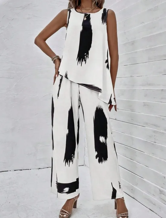Outlet Women's 2 Pieces Fashion Daily Tank Top Pants Sets Wide Leg Pants Trousers Sleeveless Round Neck Graphic Print Casual Daily Summer Regular Fit Women Two Piece Sets