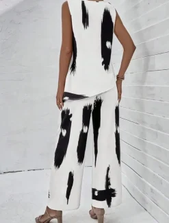 Outlet Women's 2 Pieces Fashion Daily Tank Top Pants Sets Wide Leg Pants Trousers Sleeveless Round Neck Graphic Print Casual Daily Summer Regular Fit Women Two Piece Sets