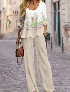 Women's 2 Pieces Fashion Shirt Pants Sets Wide Leg Pants Trousers Long Sleeve Round Neck Floral Print Casual Daily Pink Blue Green Spring & Fall Regular Fit Women Two Piece Sets