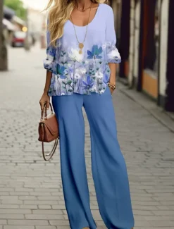 Discount Women's 2 Pieces Fashion Shirt Pants Sets Wide Leg Pants Trousers Long Sleeve Round Neck Floral Print Casual Daily Pink Blue Green Spring & Fall Regular Fit Women Two Piece Sets