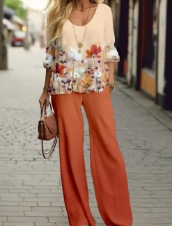 Discount Women's 2 Pieces Fashion Shirt Pants Sets Wide Leg Pants Trousers Long Sleeve Round Neck Floral Print Casual Daily Pink Blue Green Spring & Fall Regular Fit Women Two Piece Sets