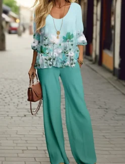Discount Women's 2 Pieces Fashion Shirt Pants Sets Wide Leg Pants Trousers Long Sleeve Round Neck Floral Print Casual Daily Pink Blue Green Spring & Fall Regular Fit Women Two Piece Sets