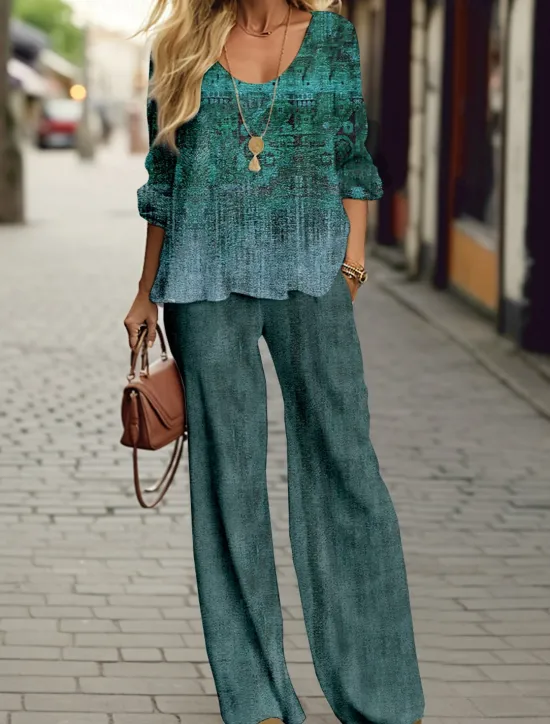 Discount Women's 2 Pieces Fashion Shirt Pants Sets Wide Leg Pants Trousers Long Sleeve Round Neck Graphic Print Casual Daily Red Blue Spring & Fall Regular Fit Women Two Piece Sets
