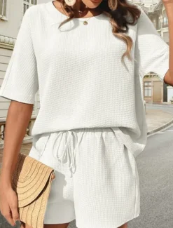 Hot Women's 2 Pieces Fashion Streetwear Daily Shorts Sets Short Sleeve Crew Neck Solid Color Drawstring Casual Daily Black White Pink Summer Loose Fit Women Two Piece Sets