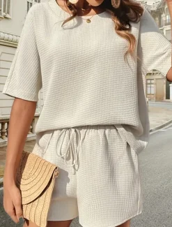 Hot Women's 2 Pieces Fashion Streetwear Daily Shorts Sets Short Sleeve Crew Neck Solid Color Drawstring Casual Daily Black White Pink Summer Loose Fit Women Two Piece Sets