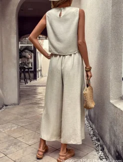 Best Women's 2 Pieces Fashion Streetwear Daily Pants Sets Sleeveless Crew Neck Solid Color Drawstring Vacation Casual Daily Pink Blue Orange Summer Loose Fit Women Two Piece Sets