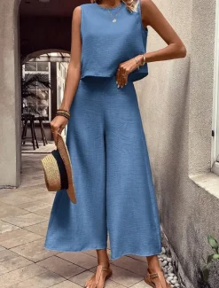 Best Women's 2 Pieces Fashion Streetwear Daily Pants Sets Sleeveless Crew Neck Solid Color Drawstring Vacation Casual Daily Pink Blue Orange Summer Loose Fit Women Two Piece Sets