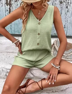Discount Women's 2 Pieces Fashion Streetwear Daily Shorts Sets Sleeveless V Neck Plain Casual Daily Black Light Green Orange Summer Regular Fit Women Two Piece Sets