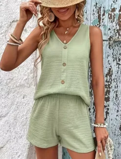 Discount Women's 2 Pieces Fashion Streetwear Daily Shorts Sets Sleeveless V Neck Plain Casual Daily Black Light Green Orange Summer Regular Fit Women Two Piece Sets