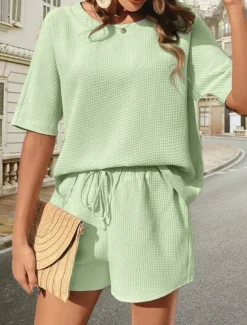 Hot Women's 2 Pieces Fashion Streetwear Daily Shorts Sets Short Sleeve Round Neck Graphic Drawstring Casual Daily White Pink Green Summer Regular Fit Women Two Piece Sets