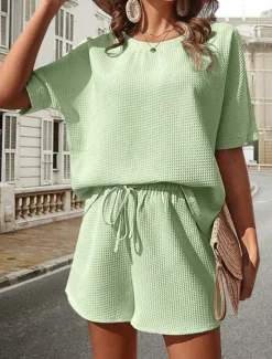 Hot Women's 2 Pieces Fashion Streetwear Daily Shorts Sets Short Sleeve Round Neck Graphic Drawstring Casual Daily White Pink Green Summer Regular Fit Women Two Piece Sets