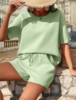 Hot Women's 2 Pieces Fashion Streetwear Daily Shorts Sets Short Sleeve Round Neck Graphic Drawstring Casual Daily White Pink Green Summer Regular Fit Women Two Piece Sets