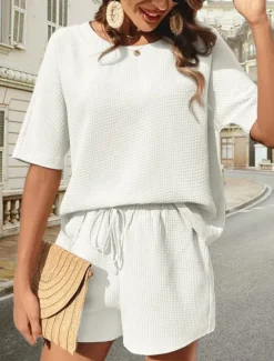 Hot Women's 2 Pieces Fashion Streetwear Daily Shorts Sets Short Sleeve Round Neck Graphic Drawstring Casual Daily White Pink Green Summer Regular Fit Women Two Piece Sets