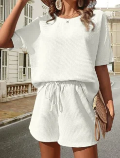 Hot Women's 2 Pieces Fashion Streetwear Daily Shorts Sets Short Sleeve Round Neck Graphic Drawstring Casual Daily White Pink Green Summer Regular Fit Women Two Piece Sets