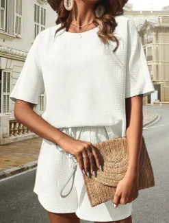 Hot Women's 2 Pieces Fashion Streetwear Daily Shorts Sets Short Sleeve Round Neck Graphic Drawstring Casual Daily White Pink Green Summer Regular Fit Women Two Piece Sets