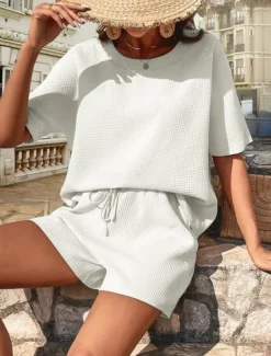 Hot Women's 2 Pieces Fashion Streetwear Daily Shorts Sets Short Sleeve Round Neck Graphic Drawstring Casual Daily White Pink Green Summer Regular Fit Women Two Piece Sets