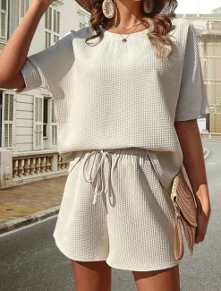Hot Women's 2 Pieces Fashion Streetwear Daily Shorts Sets Short Sleeve Round Neck Graphic Drawstring Casual Daily White Pink Green Summer Regular Fit Women Two Piece Sets