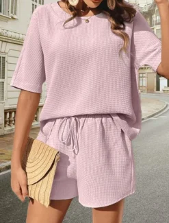 Hot Women's 2 Pieces Fashion Streetwear Daily Shorts Sets Short Sleeve Round Neck Graphic Drawstring Casual Daily White Pink Green Summer Regular Fit Women Two Piece Sets