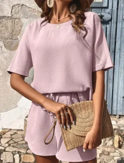 Hot Women's 2 Pieces Fashion Streetwear Daily Shorts Sets Short Sleeve Round Neck Graphic Drawstring Casual Daily White Pink Green Summer Regular Fit Women Two Piece Sets