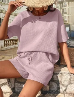 Hot Women's 2 Pieces Fashion Streetwear Daily Shorts Sets Short Sleeve Round Neck Graphic Drawstring Casual Daily White Pink Green Summer Regular Fit Women Two Piece Sets