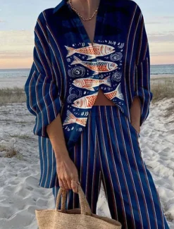 Sale Women's 2 Pieces Fashion Streetwear Daily Pants Sets Long Sleeve Shirt Collar Graphic Casual Daily Beach Red Navy Blue Royal Blue Summer Regular Fit Women Two Piece Sets