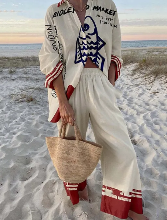 Sale Women's 2 Pieces Fashion Streetwear Daily Pants Sets Long Sleeve Shirt Collar Graphic Casual Daily Beach Red Navy Blue Royal Blue Summer Regular Fit Women Two Piece Sets