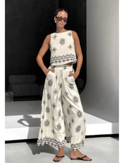Clearance Women's 2 Pieces Fashion Streetwear Daily Pants Sets Sleeveless Crew Neck Graphic Paisley Drawstring Vacation Casual Daily Summer Loose Fit Women Two Piece Sets