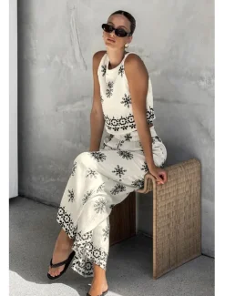 Clearance Women's 2 Pieces Fashion Streetwear Daily Pants Sets Sleeveless Crew Neck Graphic Paisley Drawstring Vacation Casual Daily Summer Loose Fit Women Two Piece Sets