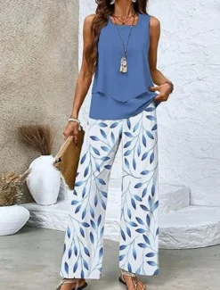 Discount Women's 2 Pieces Fashion Streetwear Daily Camis Pants Sets Sleeveless Square Neck Floral Graphic Print Outdoor Casual Daily Black White Blue Summer Loose Fit Women Two Piece Sets