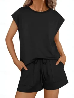 Sale Women's 2 Pieces Fashion Streetwear Daily Shorts Sets Short Sleeve Round Neck Solid Color Drawstring Casual Daily Black Fuchsia Khaki Summer Regular Fit Women Two Piece Sets
