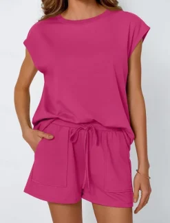 Sale Women's 2 Pieces Fashion Streetwear Daily Shorts Sets Short Sleeve Round Neck Solid Color Drawstring Casual Daily Black Fuchsia Khaki Summer Regular Fit Women Two Piece Sets