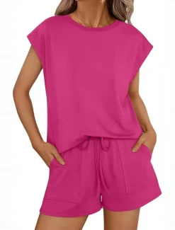 Sale Women's 2 Pieces Fashion Streetwear Daily Shorts Sets Short Sleeve Round Neck Solid Color Drawstring Casual Daily Black Fuchsia Khaki Summer Regular Fit Women Two Piece Sets