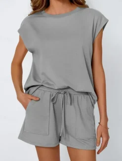 Sale Women's 2 Pieces Fashion Streetwear Daily Shorts Sets Short Sleeve Round Neck Solid Color Drawstring Casual Daily Black Fuchsia Khaki Summer Regular Fit Women Two Piece Sets