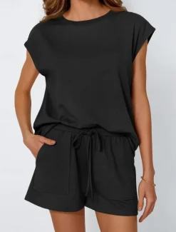 Sale Women's 2 Pieces Fashion Streetwear Daily Shorts Sets Short Sleeve Round Neck Solid Color Drawstring Casual Daily Black Fuchsia Khaki Summer Regular Fit Women Two Piece Sets
