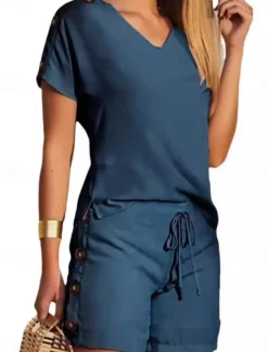 Sale Women's 2 Pieces Fashion Streetwear Daily Shorts Sets Short Sleeve V Neck Geometric Plain Drawstring Print Casual Daily Yellow Blue Orange Summer Regular Fit Women Two Piece Sets