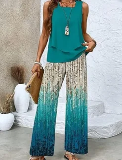Best Women's 2 Pieces Fashion Streetwear Daily Camis Pants Sets Sleeveless Square Neck Floral Graphic Print Outdoor Casual Daily Navy Blue Ocean Blue Blue Summer Loose Fit Women Two Piece Sets