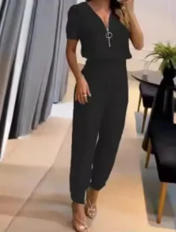 New Women's 2 Pieces Fashion Streetwear Daily Pants Sets Short Sleeve V Neck Plain Zipper Casual Daily Black Orange Green Summer Regular Fit Women Two Piece Sets