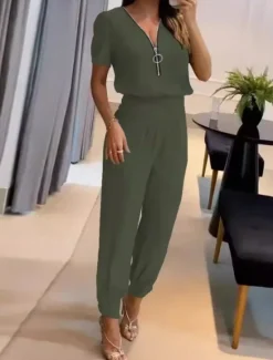 New Women's 2 Pieces Fashion Streetwear Daily Pants Sets Short Sleeve V Neck Plain Zipper Casual Daily Black Orange Green Summer Regular Fit Women Two Piece Sets