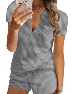 New Women's 2 Pieces Fashion Streetwear Daily Shorts Sets Short Sleeve V Neck Solid Color Drawstring Casual Daily Black White Gray Summer Regular Fit Women Two Piece Sets