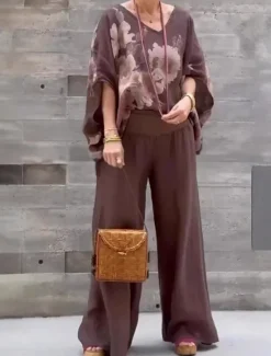 Clearance Women's 2 Pieces Fashion Streetwear Daily Pants Sets Half Sleeve V Neck Floral Graphic Vacation Casual Daily Blue Brown Green Summer Loose Fit Women Two Piece Sets