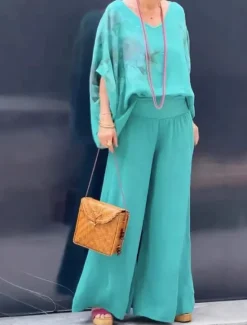 Clearance Women's 2 Pieces Fashion Streetwear Daily Pants Sets Half Sleeve V Neck Floral Graphic Vacation Casual Daily Blue Brown Green Summer Loose Fit Women Two Piece Sets