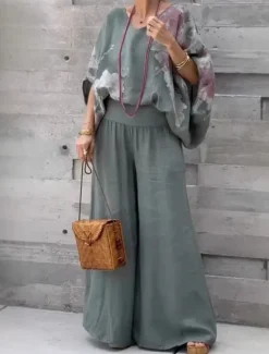 Clearance Women's 2 Pieces Fashion Streetwear Daily Pants Sets Half Sleeve V Neck Floral Graphic Vacation Casual Daily Blue Brown Green Summer Loose Fit Women Two Piece Sets